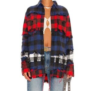 R13 Women’s Pieced Shirt with Frayed Edges in Red, Blue & Ecru Buffalo P…